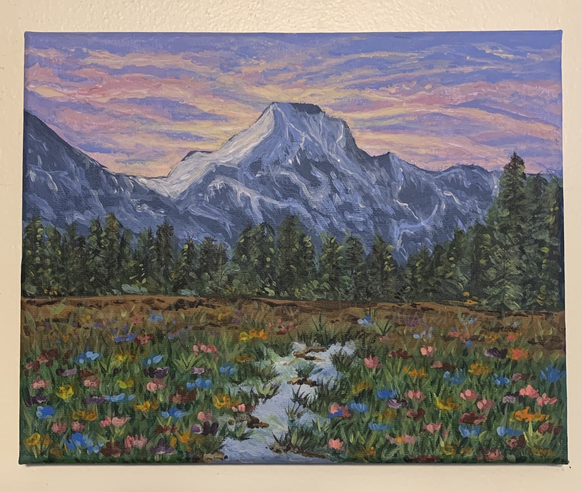 Original acrylic painting by Choonie, flowers, trees and mountains, one of a kind