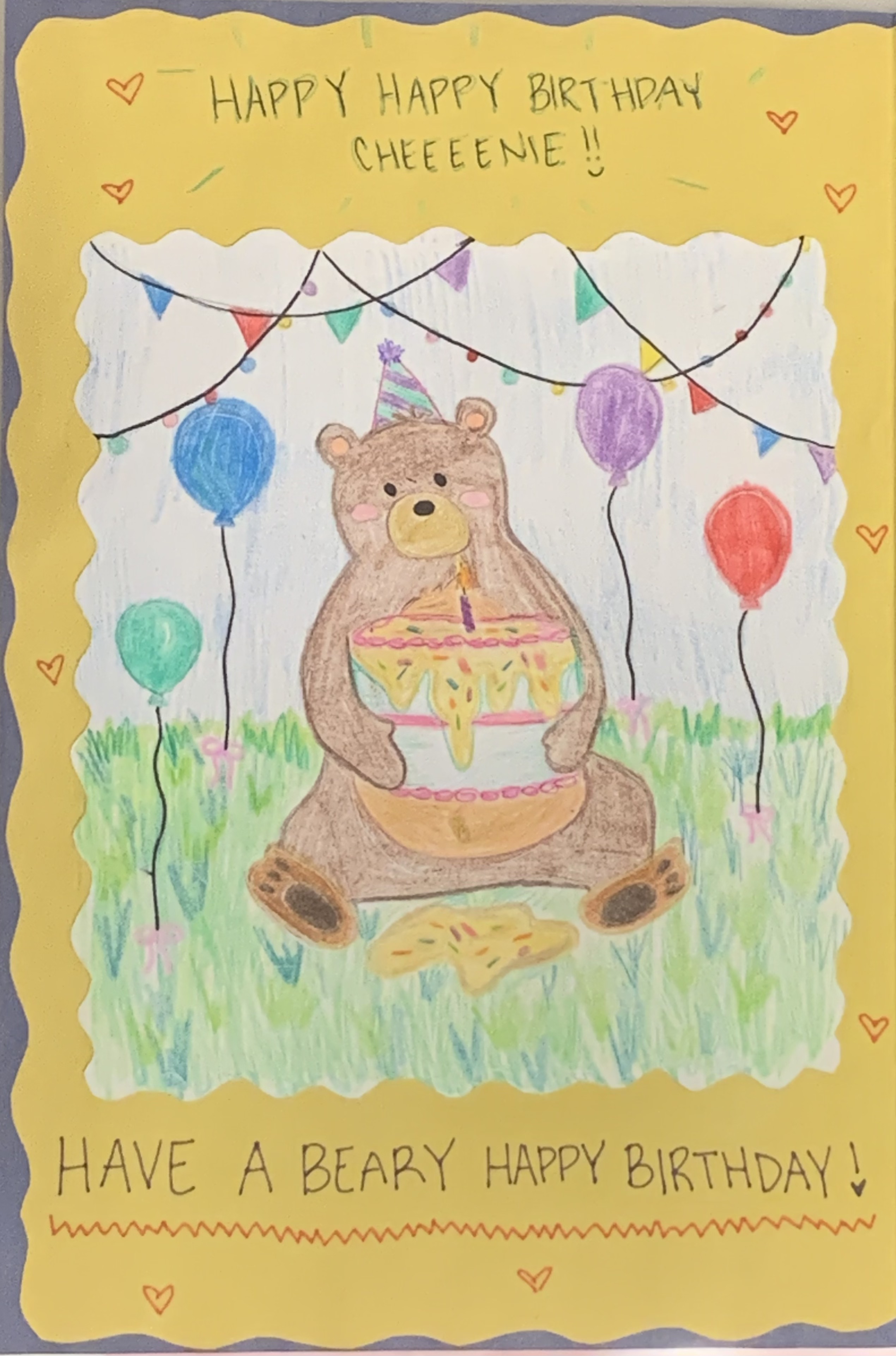hand-drawn birthday card with a bear holding cake by Choonie